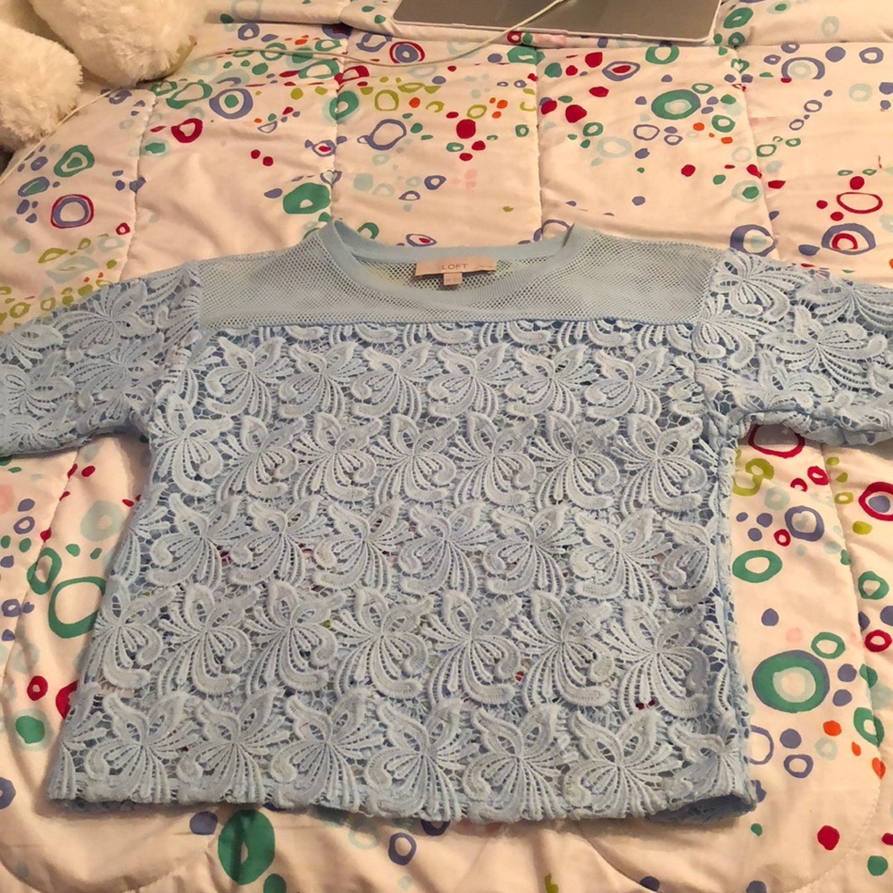LOFT PETITES Baby Blue Lace Top